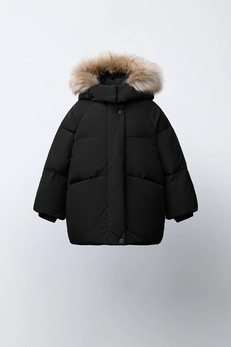 WATER REPELLENT DOWN PUFFER COAT WITH REMOVABLE FAUX FUR HOODIE