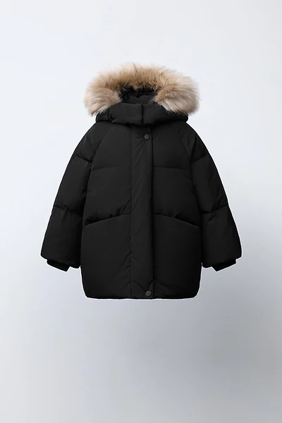 WATER REPELLENT DOWN PUFFER COAT WITH REMOVABLE FAUX FUR HOODIE
