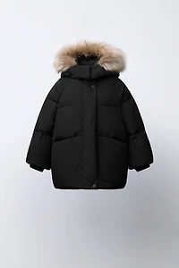 WATER REPELLENT DOWN PUFFER COAT WITH REMOVABLE FAUX FUR HOODIE