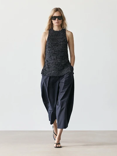 Cotton blend wide-leg trousers
