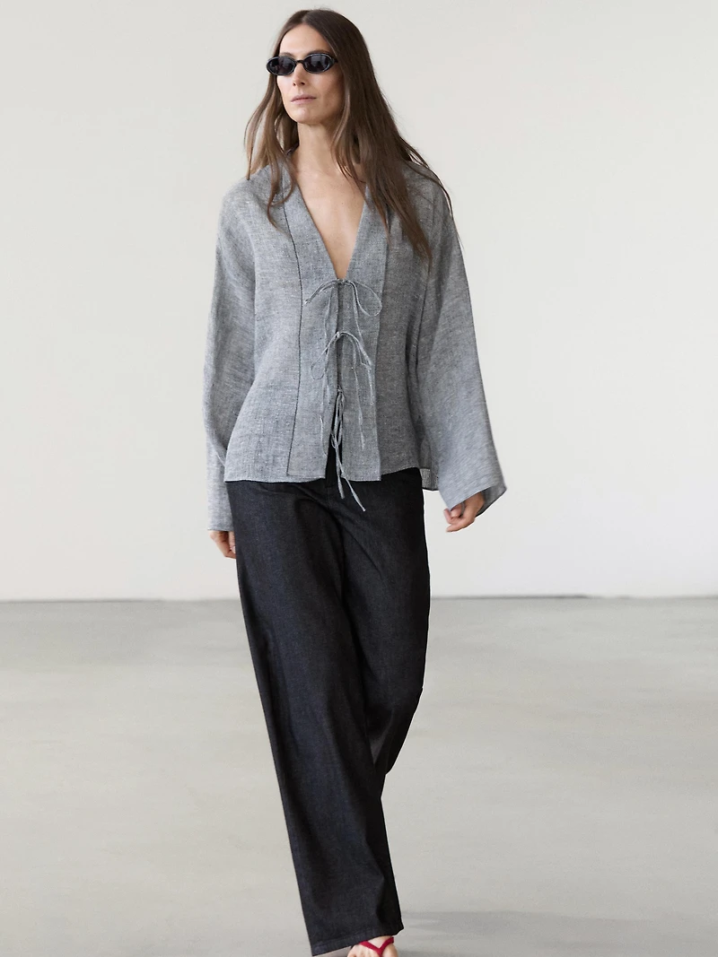 Linen blend blouse with tie details