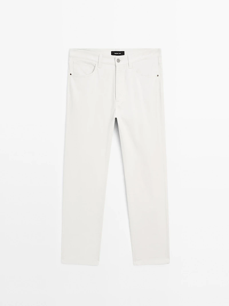 Lightweight tapered fit denim-effect trousers