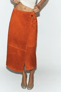 100% SUEDE LEATHER WRAP MIDI SKIRT