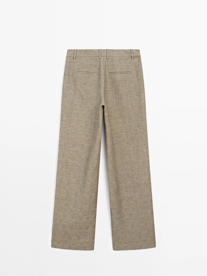 Check cotton blend straight-leg trousers