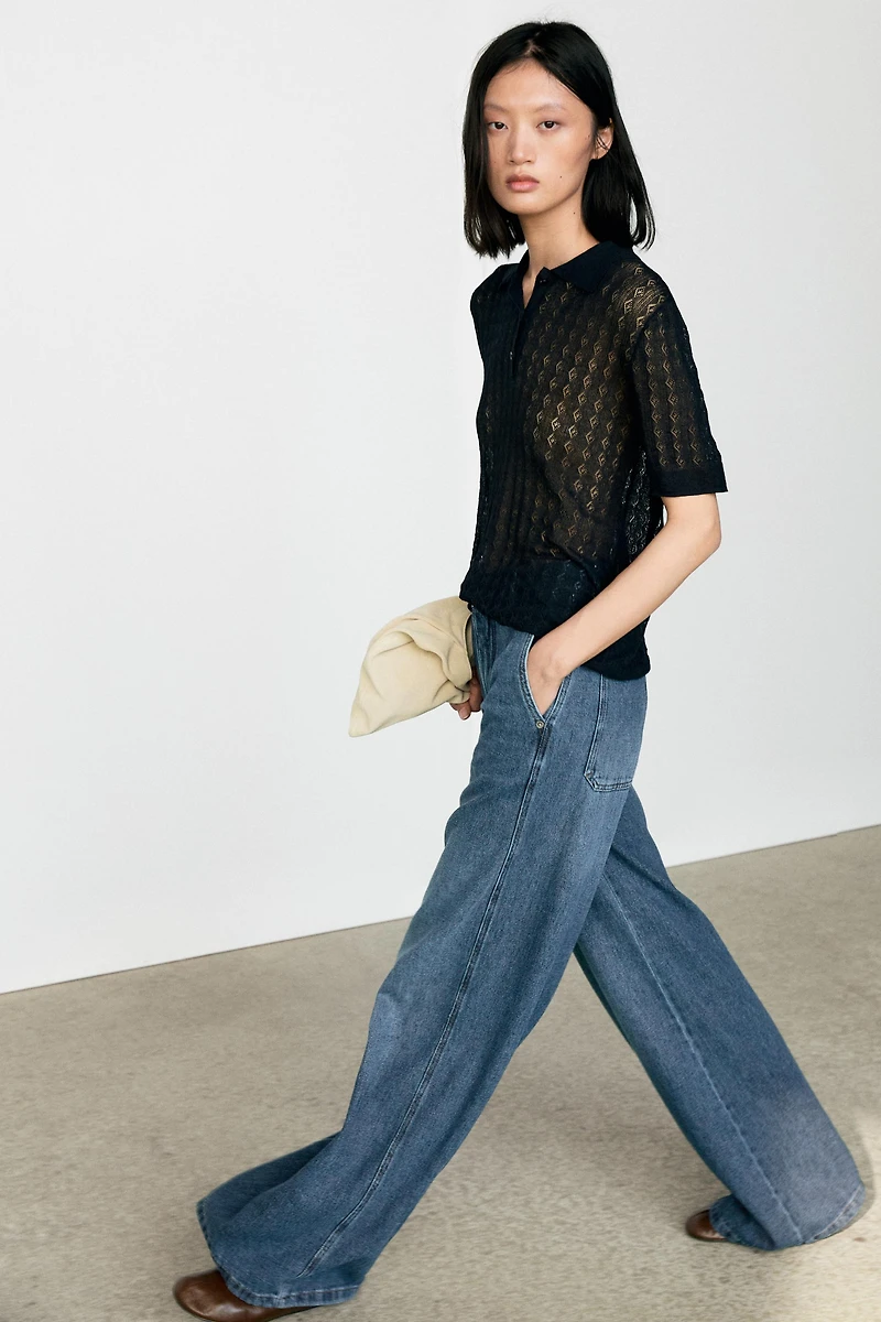 Open-knit polo sweater