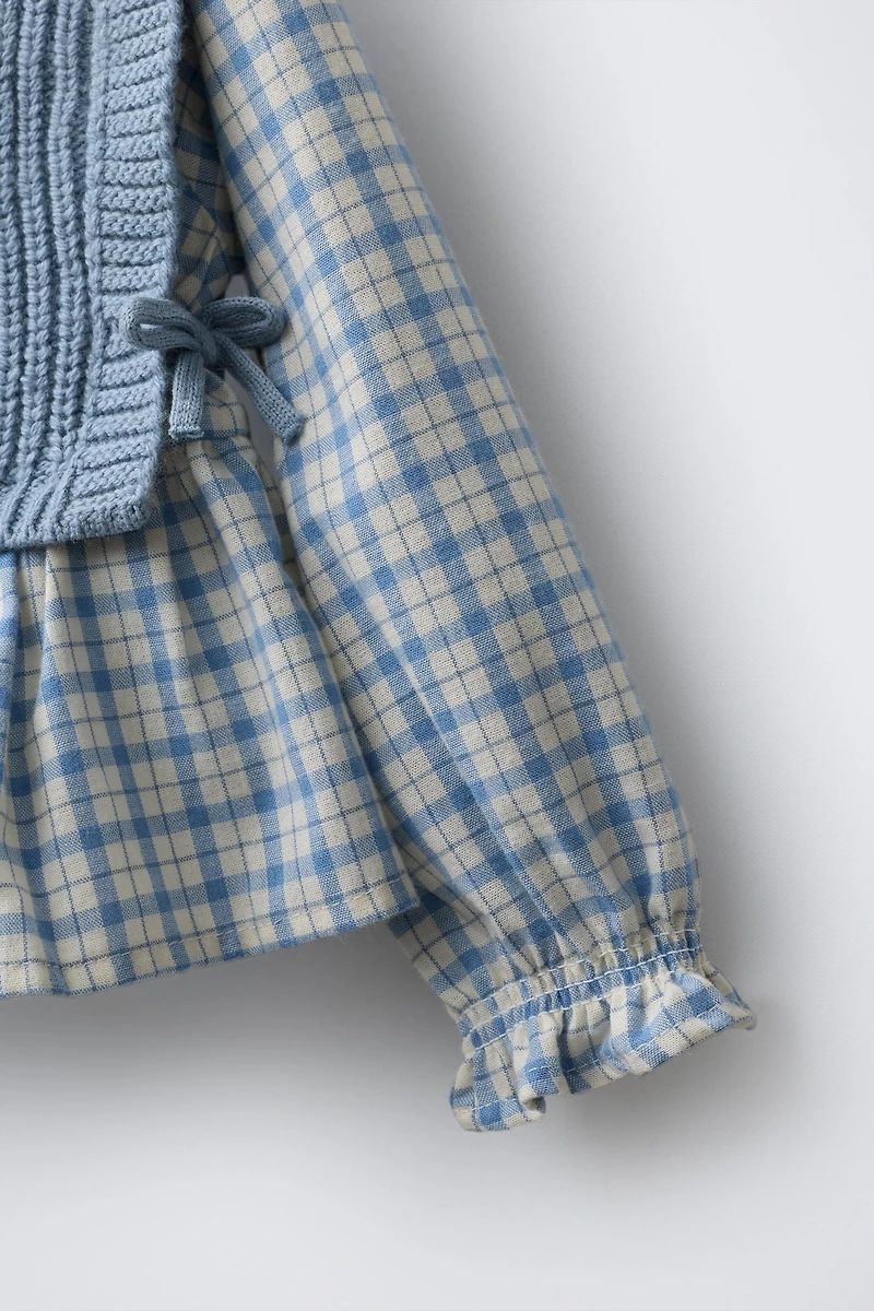 EMBROIDERED KNIT VEST COMBINED GINGHAM SHIRT