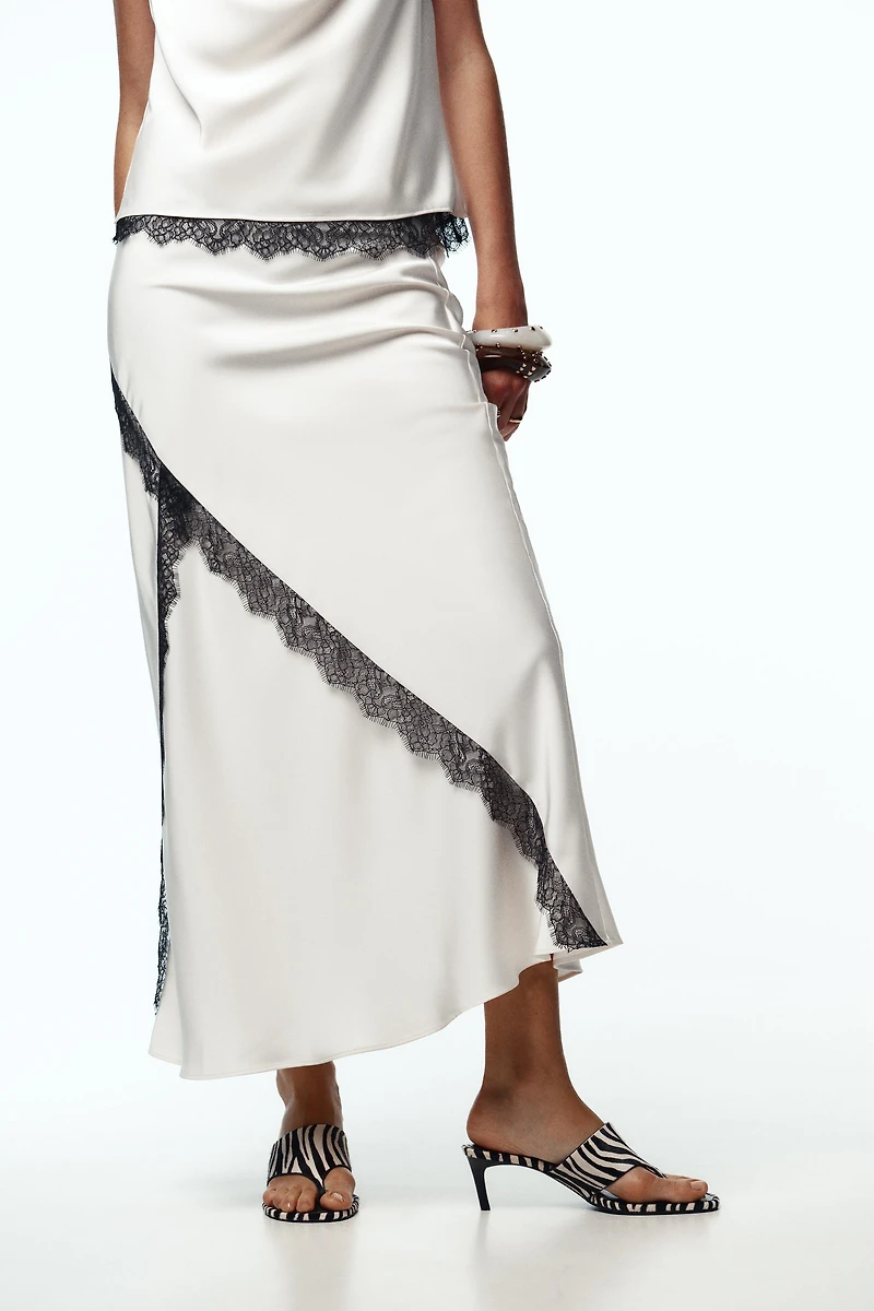 SATIN EFFECT LACE MIDI SKIRT