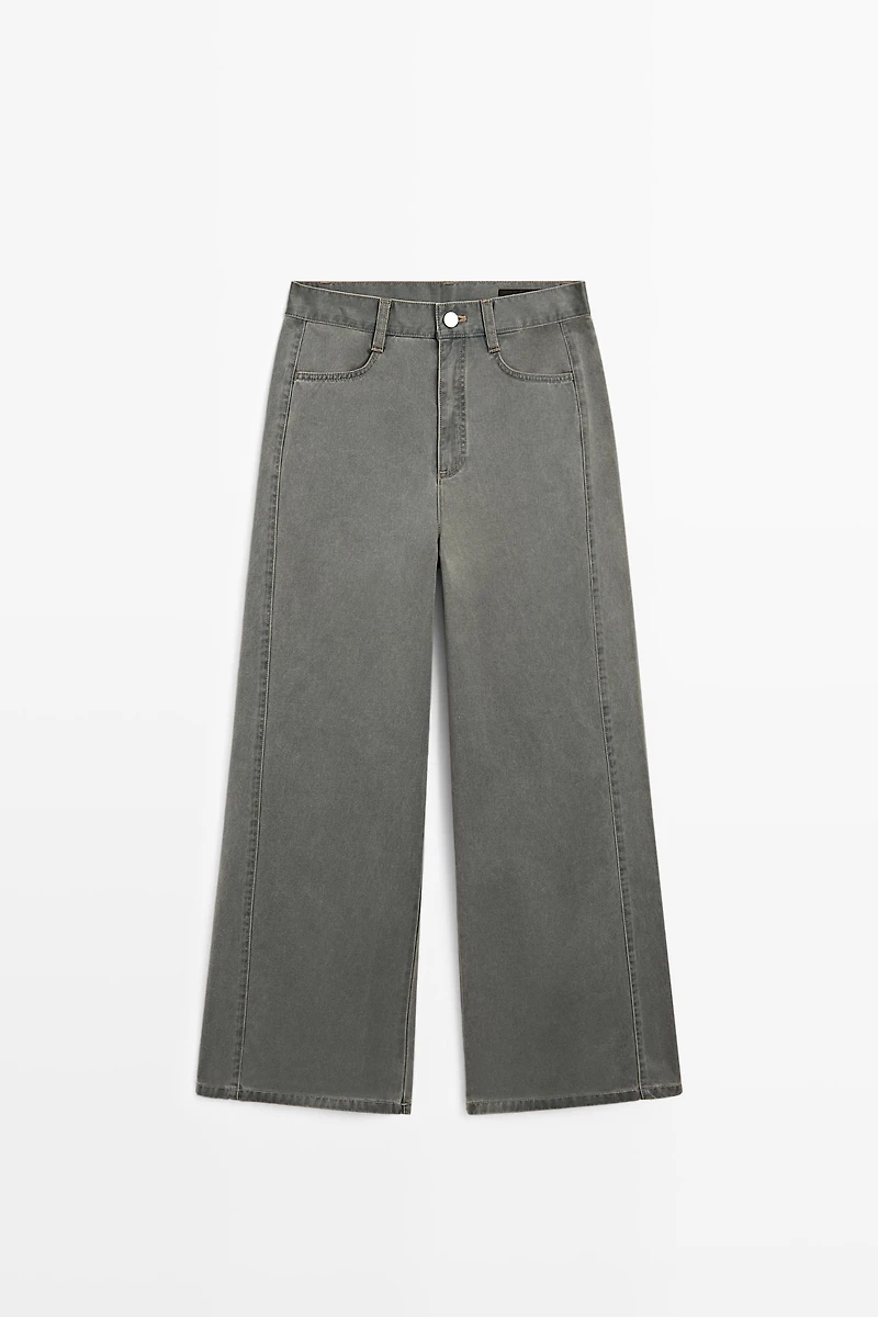 Wide-leg cotton jeans with denim detail