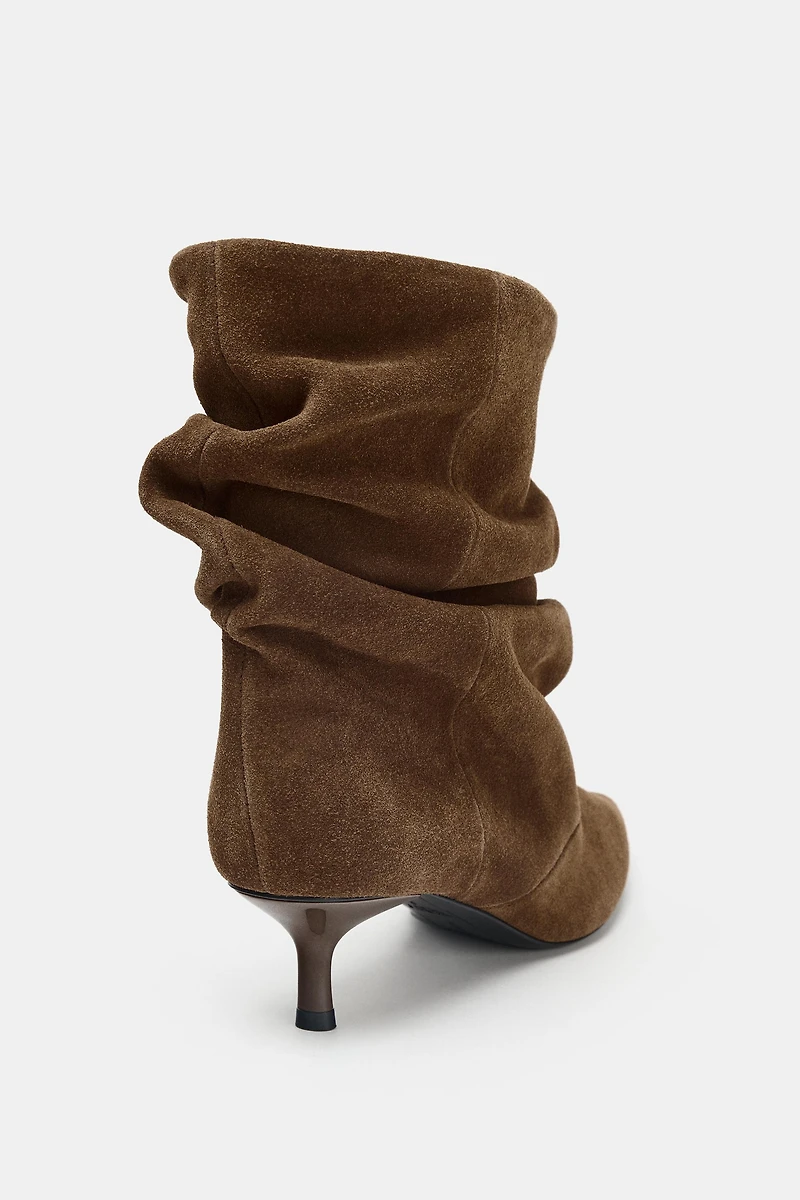 RUCHED SPLIT LEATHER ANKLE BOOTS