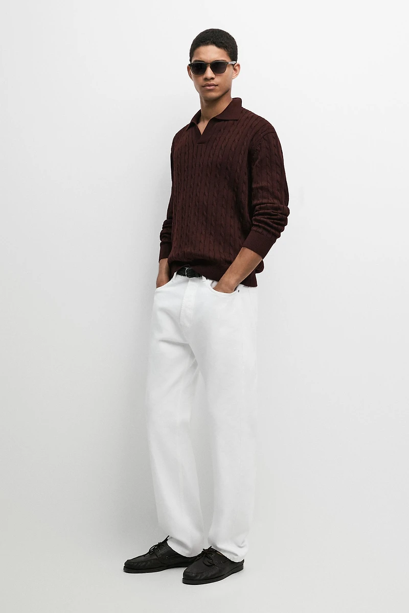100% Cotton Cable-Knit Polo Sweater