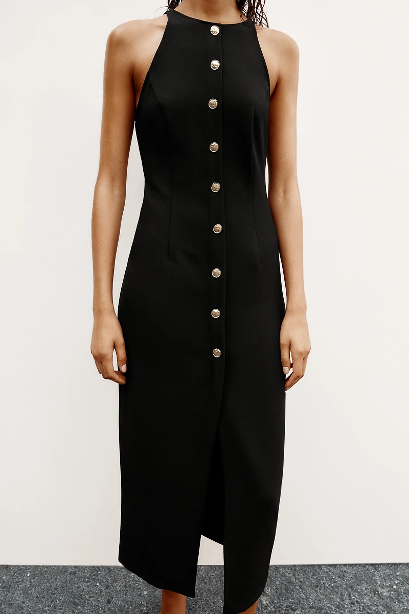 GOLD BUTTON CREPE MIDI DRESS