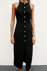GOLD BUTTON CREPE MIDI DRESS