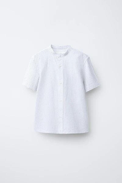 COTTON AND LINEN STRIPED MANDARIN COLLAR SHIRT