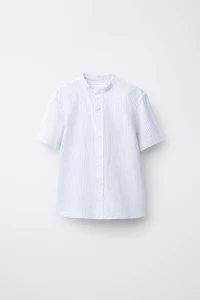 COTTON AND LINEN STRIPED MANDARIN COLLAR SHIRT