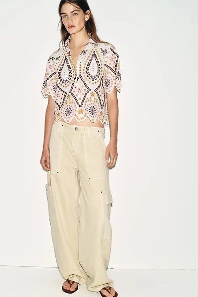 EMBROIDERED EYELET SHORT SLEEVE SHIRT