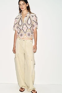 EMBROIDERED EYELET SHORT SLEEVE SHIRT