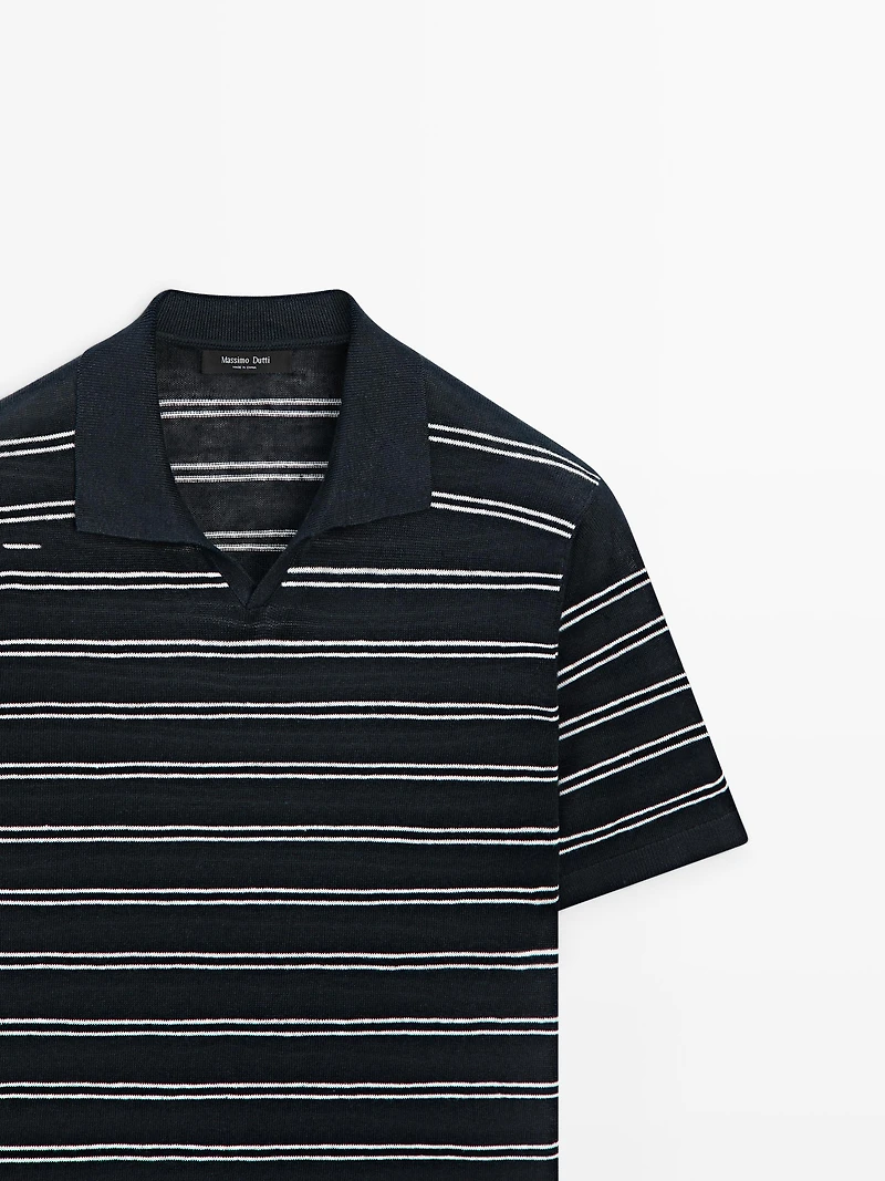 Striped 100% linen V-neck polo shirt