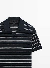 Striped 100% linen V-neck polo shirt
