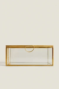 GLASS JEWELRY BOX WITH METAL BORDER
