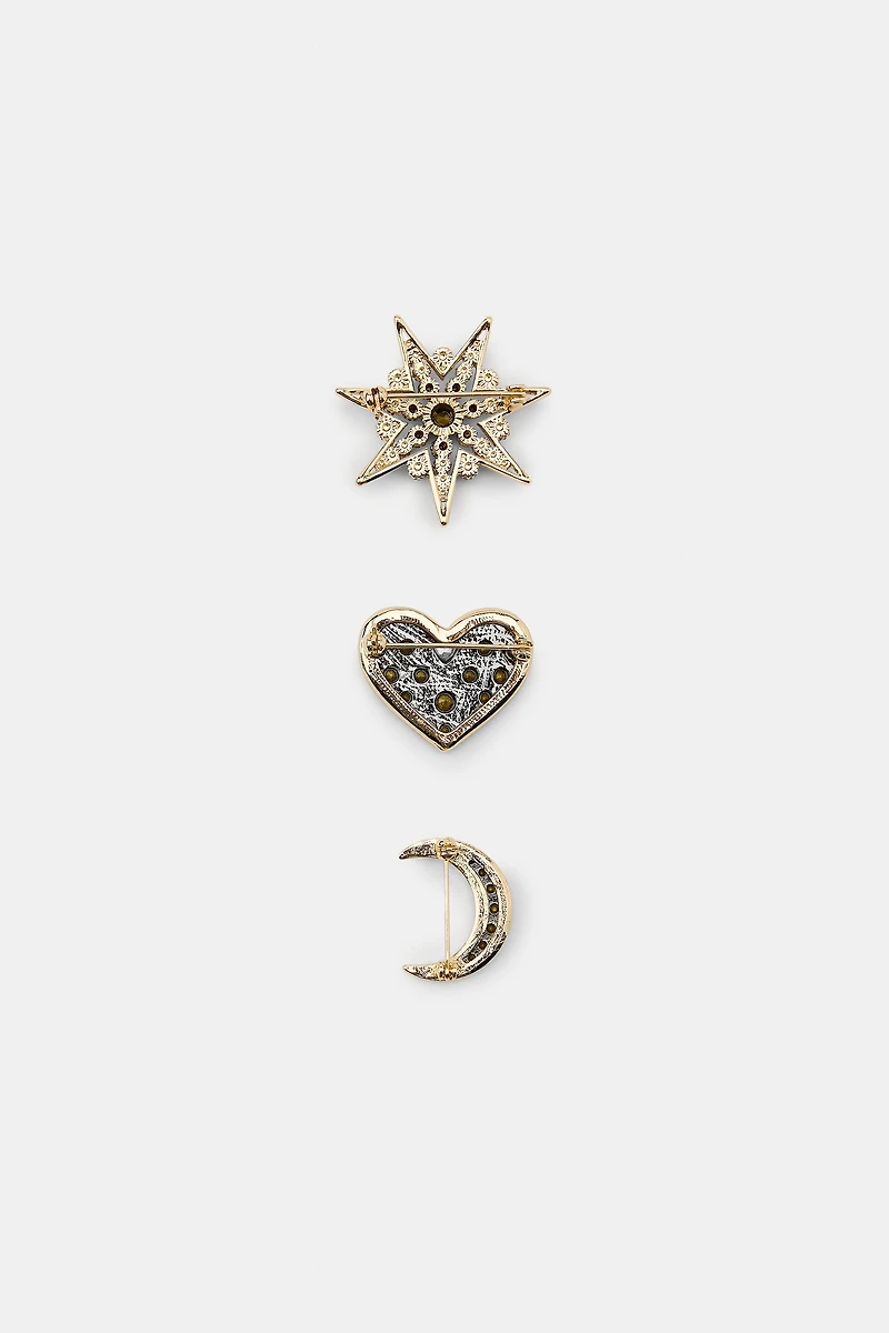 THREE-PACK OF SPARKLY MOON AND STAR BROOCHES