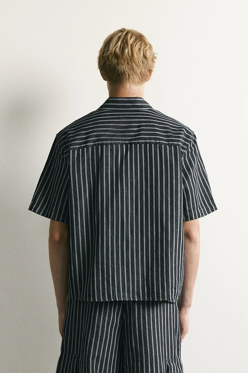STRIPED COTTON-LINEN DENIM SHIRT