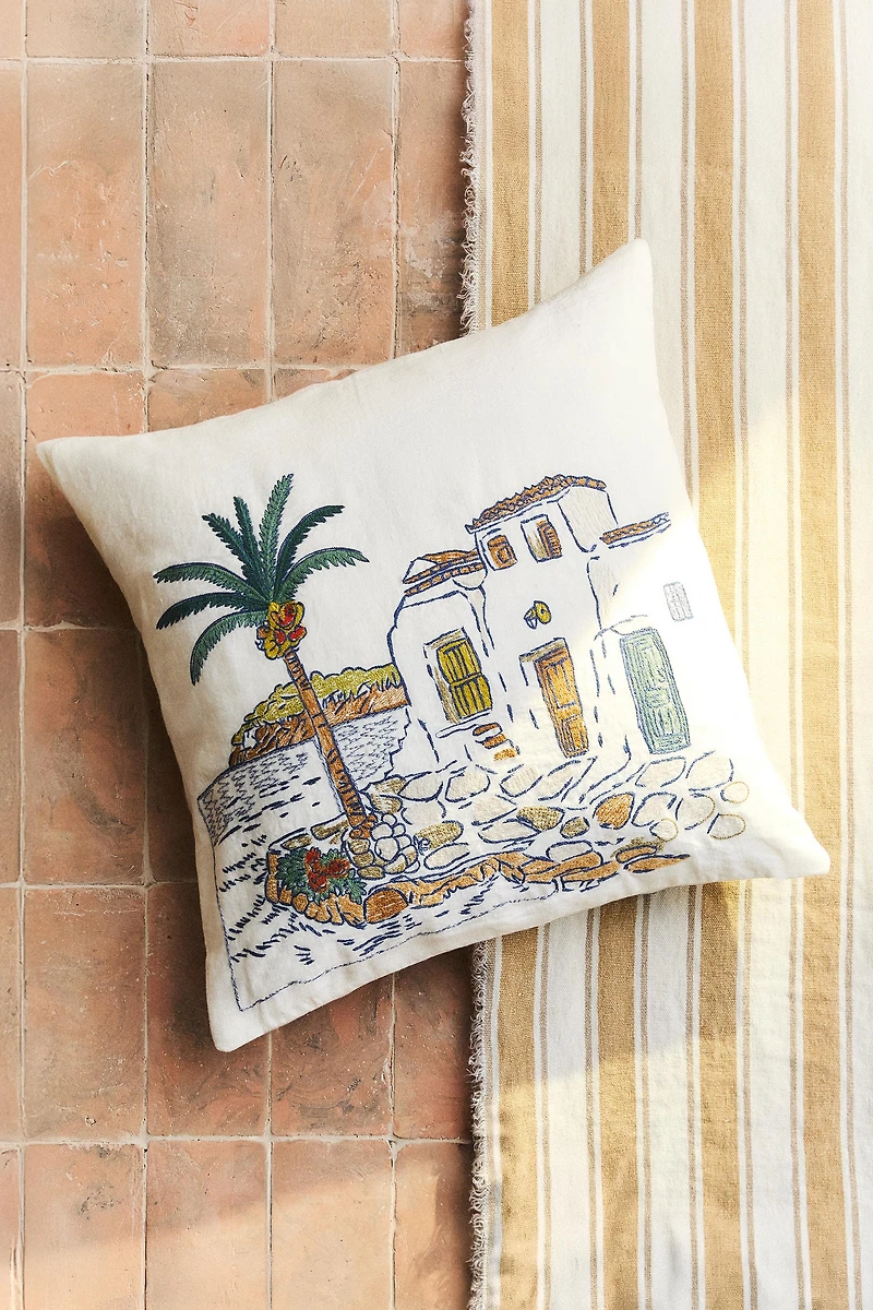 EMBROIDERED HOUSES THROW PILLOW COVER