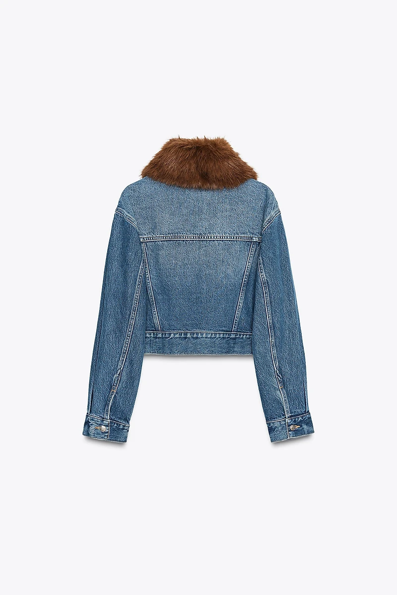Z1975 FAUX FUR LAPEL CROPPED DENIM JACKET