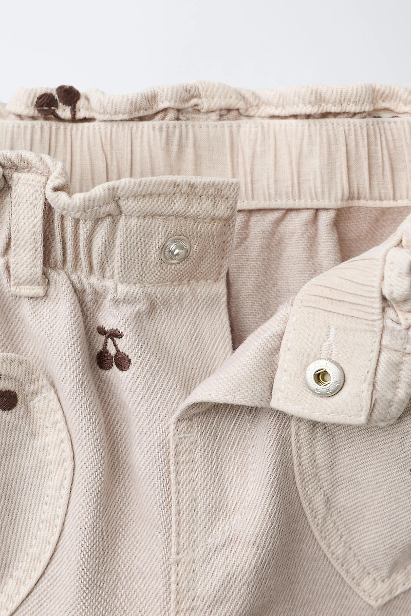 EMBROIDERED CHERRY BAGGY TWILL PANTS