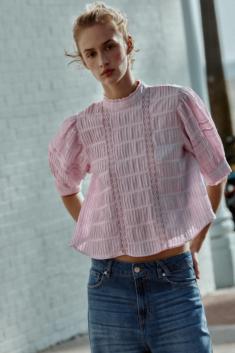 BALLOON SLEEVE LACE TRIM SHIRT