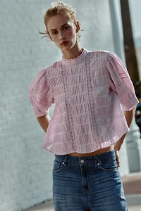 BALLOON SLEEVE LACE TRIM SHIRT