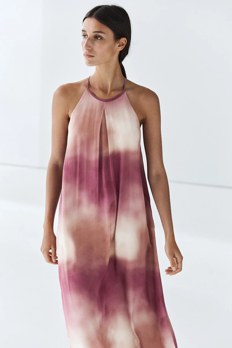 Printed tie-dye flowing halter maxi dress