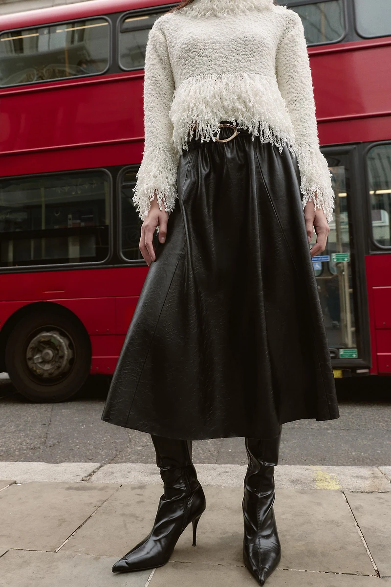 FAUX LEATHER LAYERED BELTED MIDI SKIRT