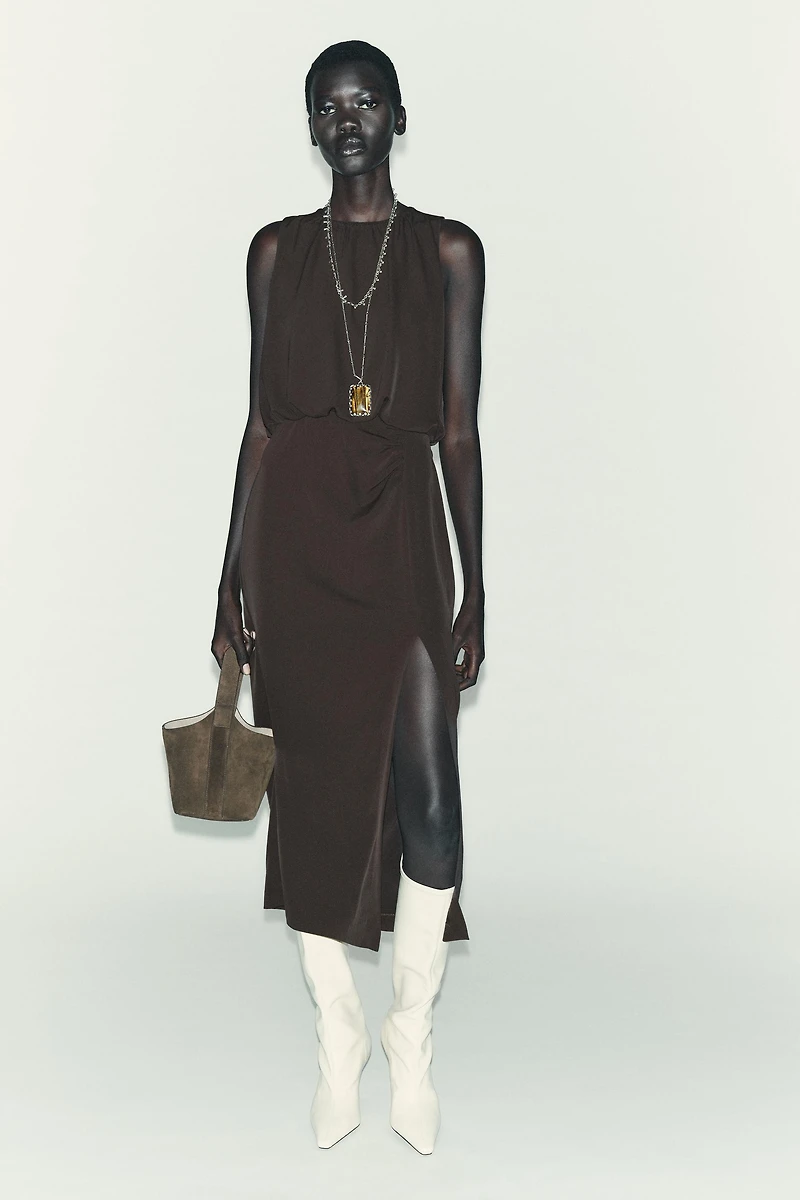 RUCHED WAIST MIDI DRESS