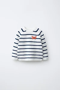 PULL EN MAILLE PERLÉE RAYURES CRABE BRODÉ