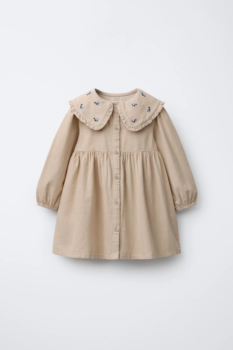 EMBROIDERED FLORAL CORDUROY DRESS