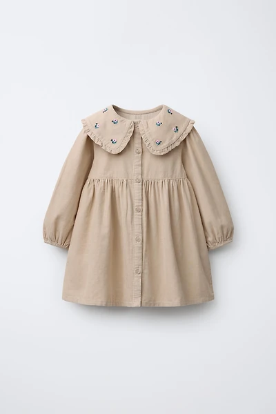 EMBROIDERED FLORAL CORDUROY DRESS
