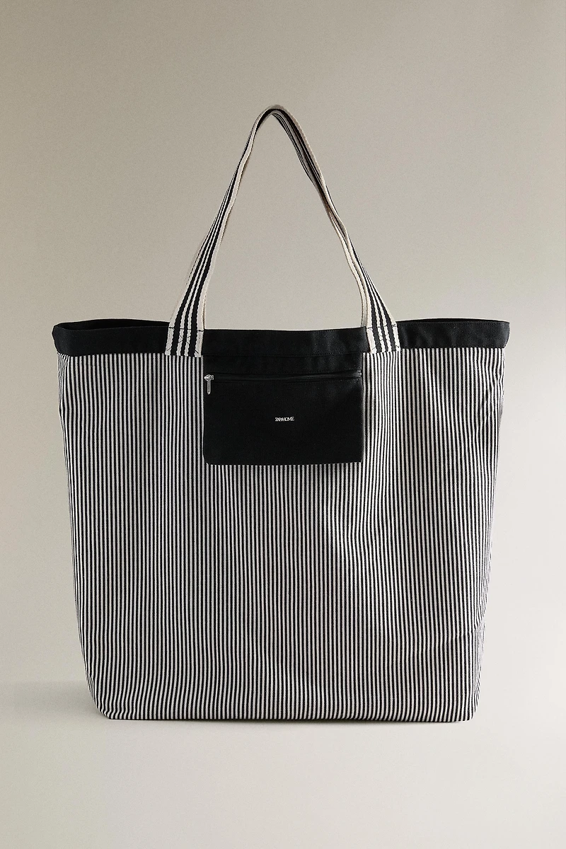 REVERSIBLE FABRIC STRIPED SHOPPER BAG