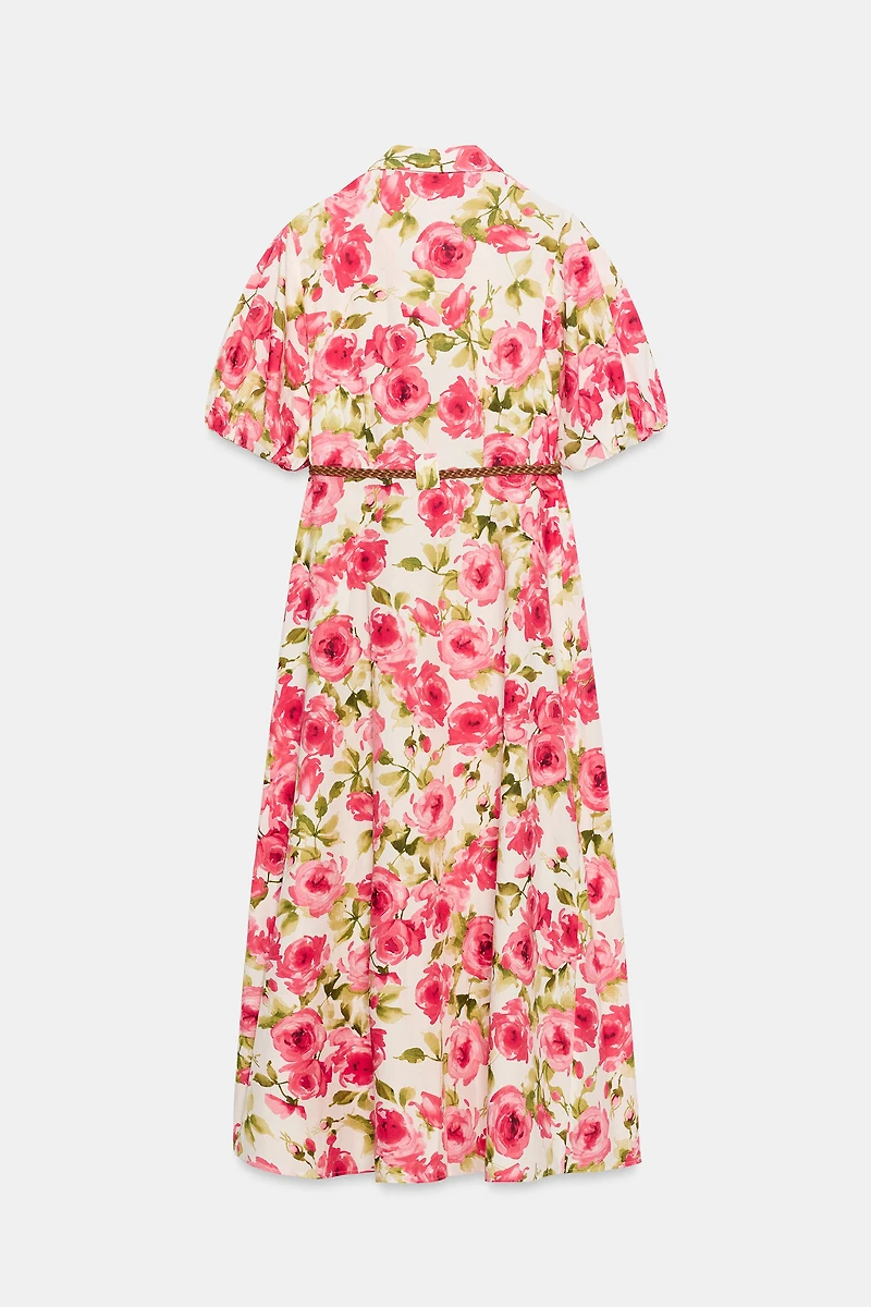 BELTED FLORAL PRINT MIDI DRESS