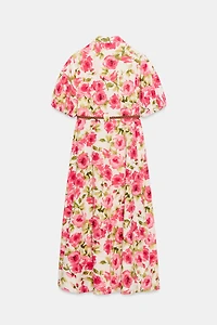 BELTED FLORAL PRINT MIDI DRESS