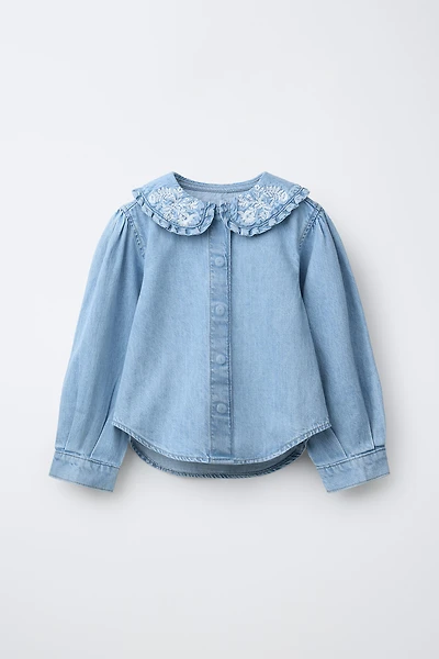 DENIM SHIRT WITH EMBROIDERED FLORAL COLLAR
