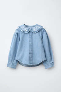 DENIM SHIRT WITH EMBROIDERED FLORAL COLLAR