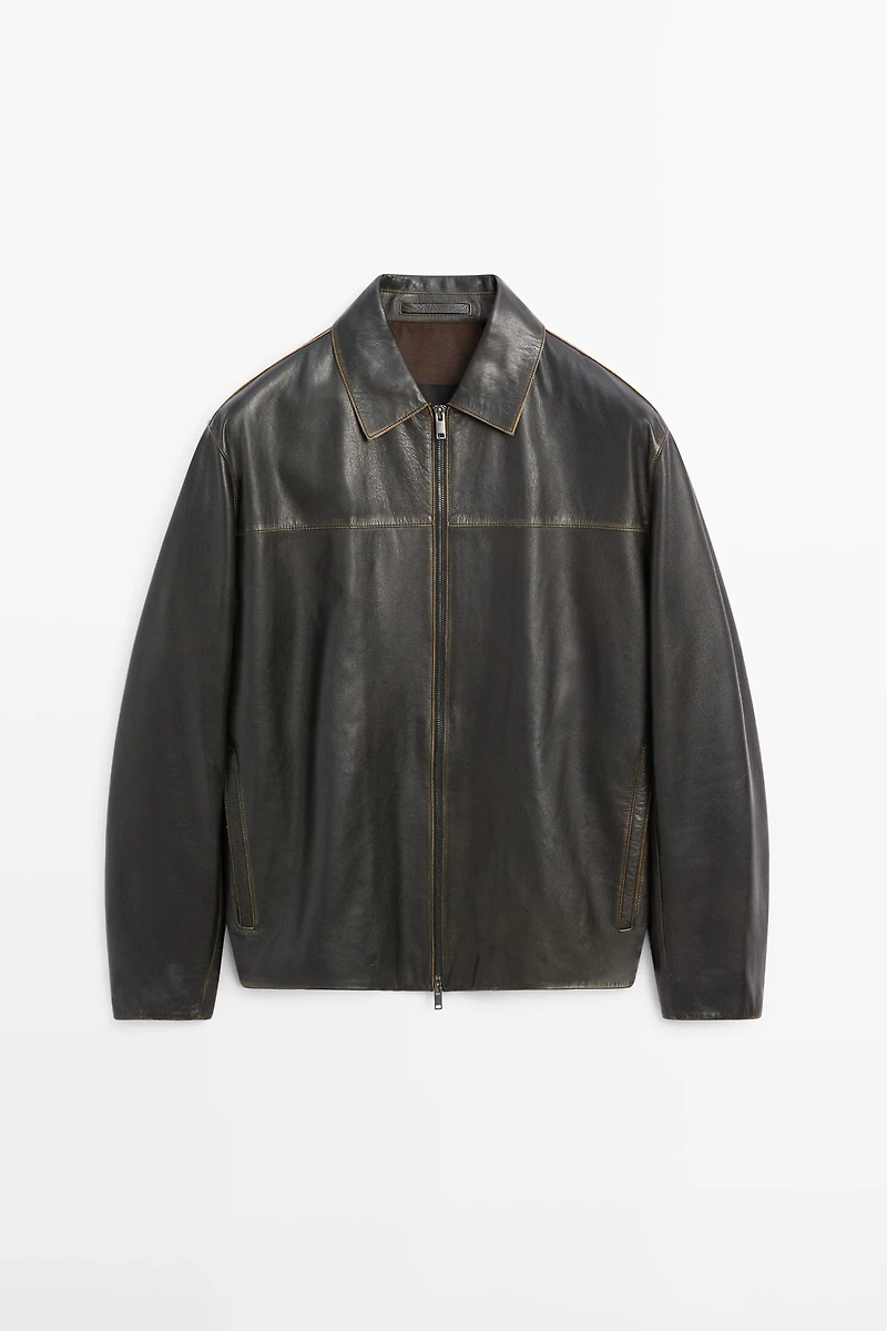 Distressed effect leather jacket