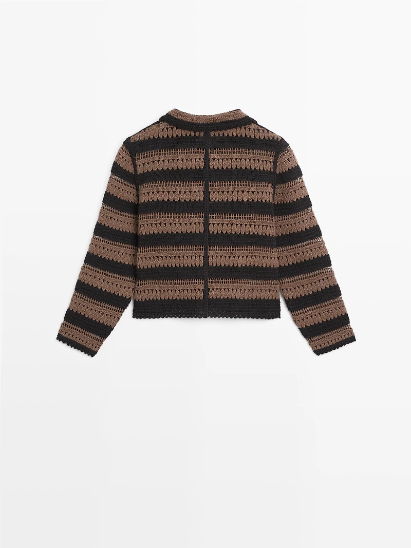 Short striped crochet knit cardigan