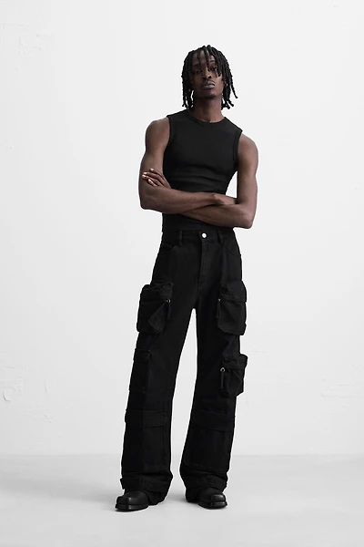 DENIM CARGO PANTS WITH POCKETS