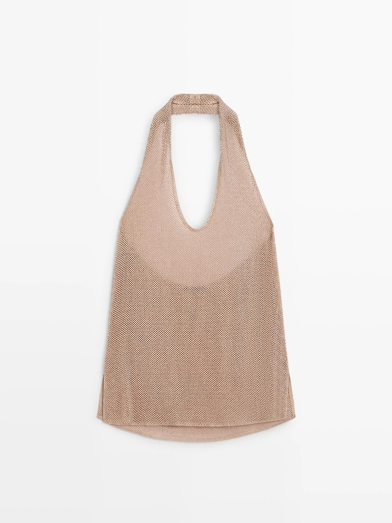 Metallic knit halter top