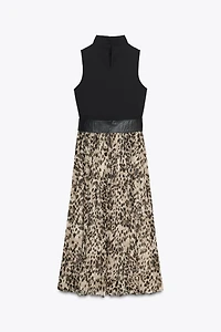 ANIMAL PRINT COMBINATION MIDI DRESS WITH BELT