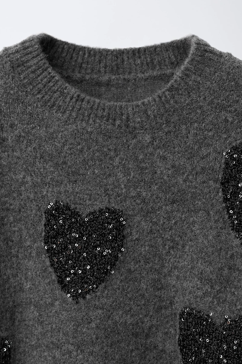 SEQUINED HEART KNIT SWEATER