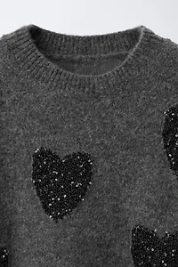 SEQUINED HEART KNIT SWEATER