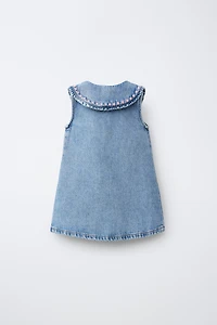 EMBROIDERED COLLAR DENIM DRESS