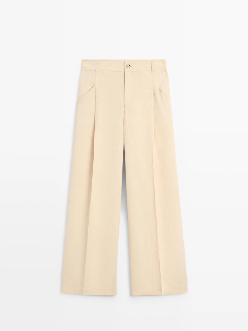 Wide-leg linen trousers with pocket detail